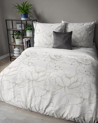 Pościel satynowa 220x200 Detexpol kremowa kwiaty lotosu