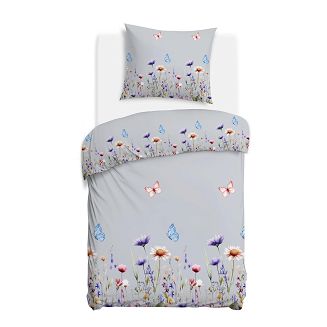 Pościel flanelowa FLANELOVE 140x200 kolorowa łąka kwiatów na szarym tle