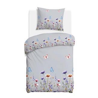 Pościel flanelowa FLANELOVE 140x200 kolorowa łąka kwiatów na szarym tle