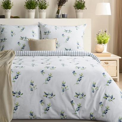 Pościel satynowa RAYA4 160x200 Eurofirany biała granatowa gałązki borówki paski