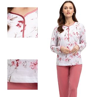 Piżama damska LUNA kod 650 biała różowa beżowa w orientalne kwiaty / różowe spodnie