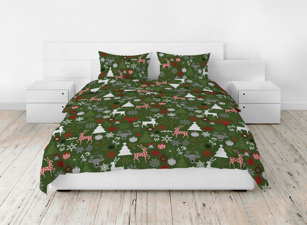 Pościel bawełniana świąteczna 160x200 wzór świąteczny mix zielona