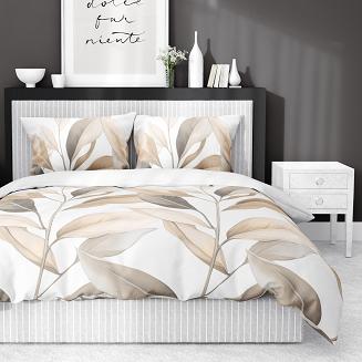 Pościel satynowa 160x200 Detexpol biała beżowe gałązki liście