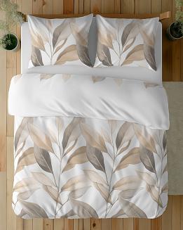 Pościel satynowa 160x200 Detexpol biała beżowe gałązki liście