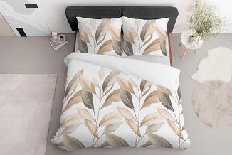 Pościel satynowa 160x200 Detexpol biała beżowe gałązki liście