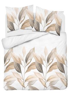 Pościel satynowa 160x200 Detexpol biała beżowe gałązki liście