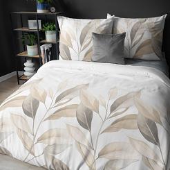Pościel satynowa 160x200 Detexpol biała beżowe gałązki liście