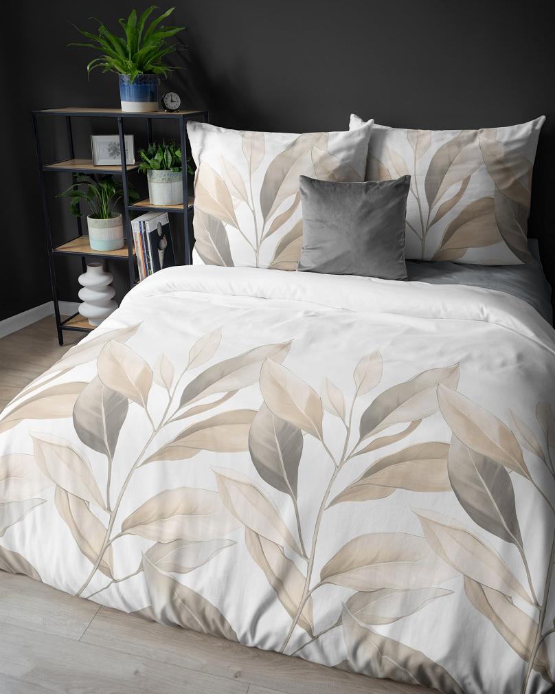 Pościel satynowa 160x200 Detexpol biała beżowe gałązki liście