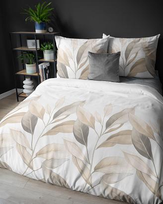 Pościel satynowa 160x200 Detexpol biała beżowe gałązki liście