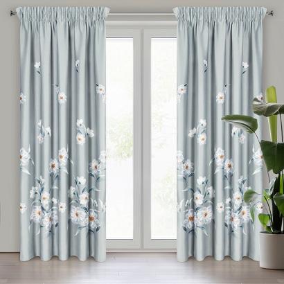Zasłona gotowa na taśmie NILA 140x270 Eurofirany srebrna błękitna białe kwiaty