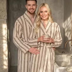 Bawełniany Szlafrok Frotte LINE Beżowy w Paski (XS)