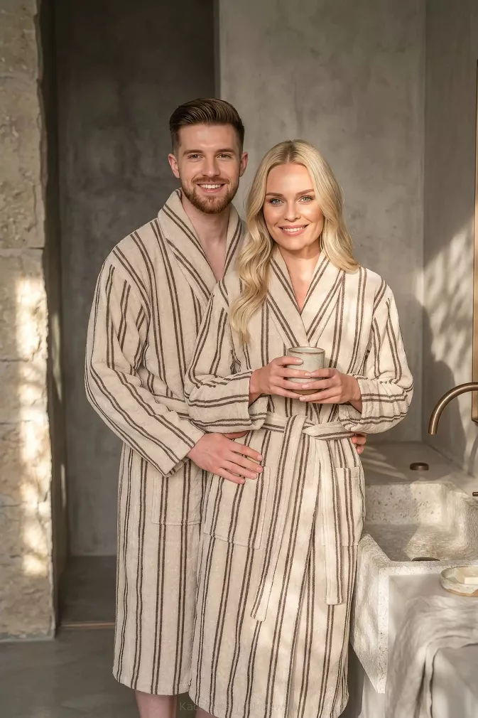 Bawełniany Szlafrok Frotte LINE Beżowy w Paski (XS)