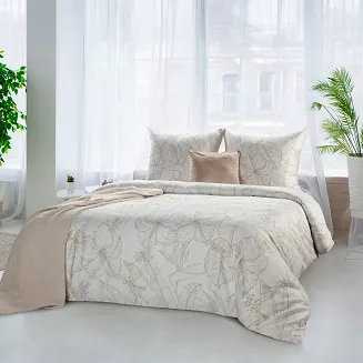 Pościel satynowa SPRING 160x200 Eurofirany biała beżowa kwiaty hibiskusa