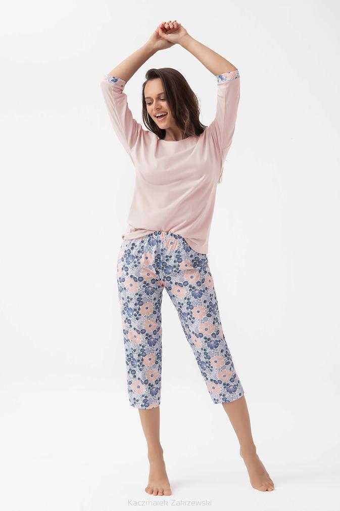 Piżama damska LUNA kod 343 morelowa w kwiaty niebiesko-łososiowe