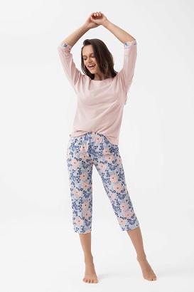 Piżama damska LUNA kod 343 morelowa w kwiaty niebiesko-łososiowe