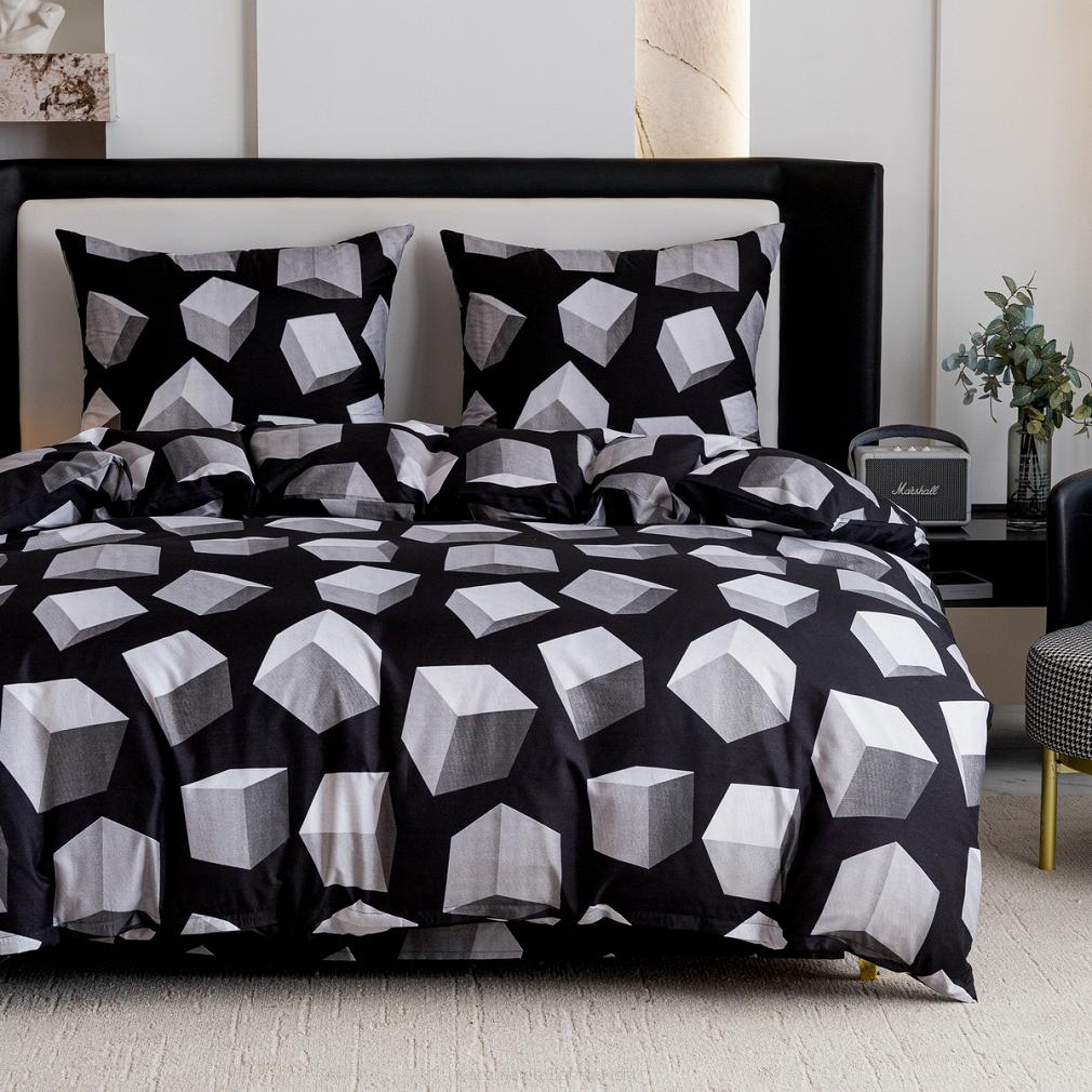 Komplet pościeli dwustronnej 140x200 czarna szara sześciany