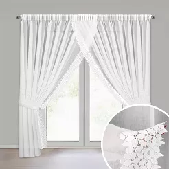 Firana gotowa na taśmie HESTIA 400x250 Eurofirany biała z etaminy koronkowe listki na bokach