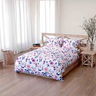 Pościel bawełniana MANSION 200x220 biała różowa granatowa kwiaty