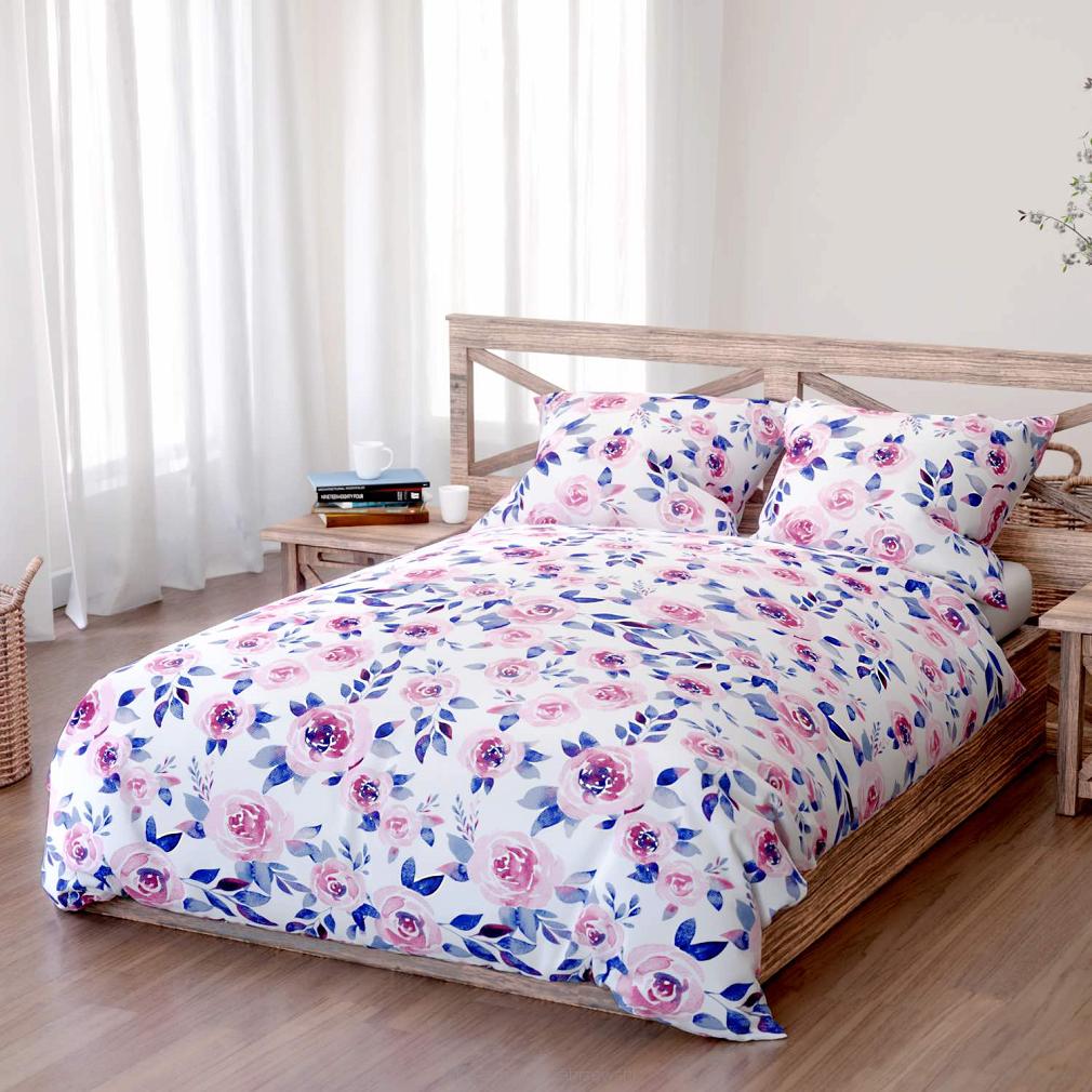 Pościel bawełniana MANSION 200x220 biała różowa granatowa kwiaty