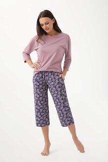 Piżama damska LUNA kod 344 kakaowa śliwkowa kwiatowe rozety