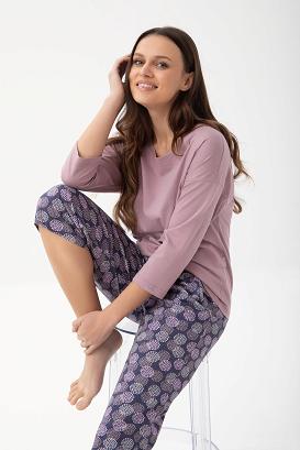 Piżama damska LUNA kod 344 kakaowa śliwkowa kwiatowe rozety