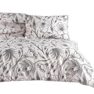 Pościel satyna bawełniana CARINA 160x200 biała czarna w rysowane kwiaty