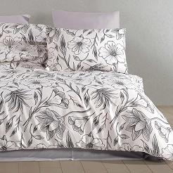 Pościel satyna bawełniana CARINA 160x200 biała czarna w rysowane kwiaty