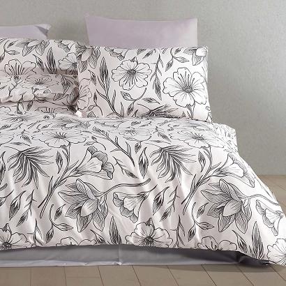 Pościel satyna bawełniana CARINA 160x200 biała czarna w rysowane kwiaty