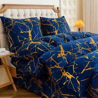 Pościel polarowa 220x200 welur granatowa złota marmurek