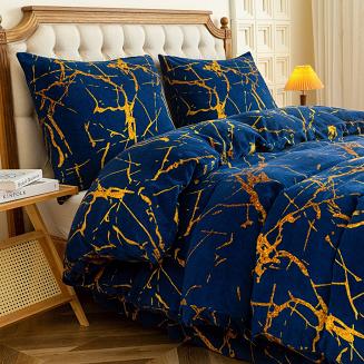 Pościel polarowa 220x200 welur granatowa złota marmurek