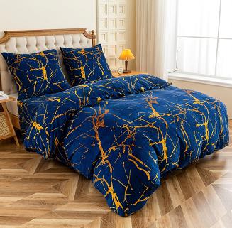 Pościel polarowa 220x200 welur granatowa złota marmurek