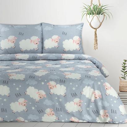 Pościel bawełniana KID 160x200 Design91 szaroniebieska w owieczki