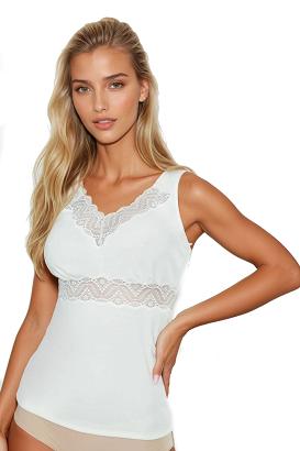 Koszulka damska z szerokimi ramiączkami i koronkowym wykończeniem Ronia ecru