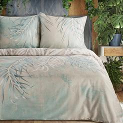 Pościel satynowa PREMIUM26 220x200 Eurofirany beżowa kremowa miętowa palmowy ogród o poranku