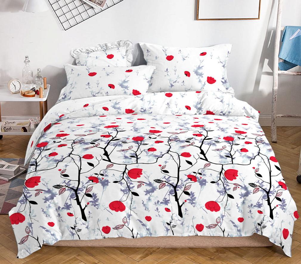 Pościel satynowa 160x200 biała czerwona czarna kwiatowy motyw