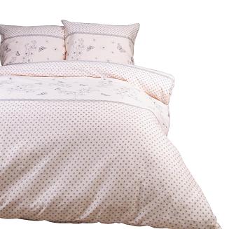 Pościel flanelowa FLANELOVE 160x200 jasnoróżowa kwiaty motyle groszki