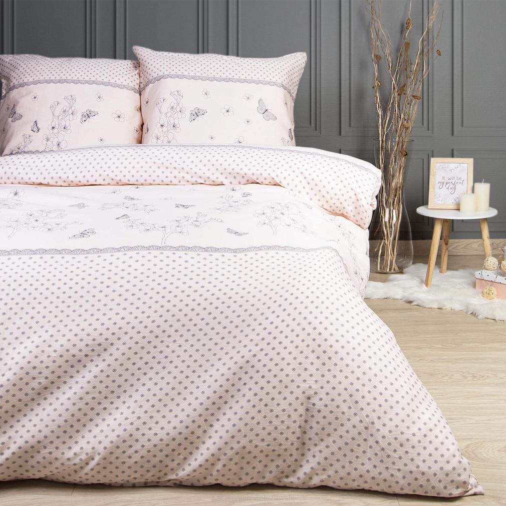 Pościel flanelowa FLANELOVE 160x200 jasnoróżowa kwiaty motyle groszki