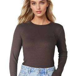 Prążkowana koszulka damska z wiskozy z długim rękawem Irma czekoladowa