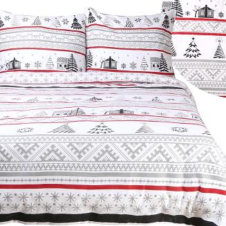 Pościel flanelowa FLANELOVE 160x200 świąteczny wzór chatki i choinek na białym tle