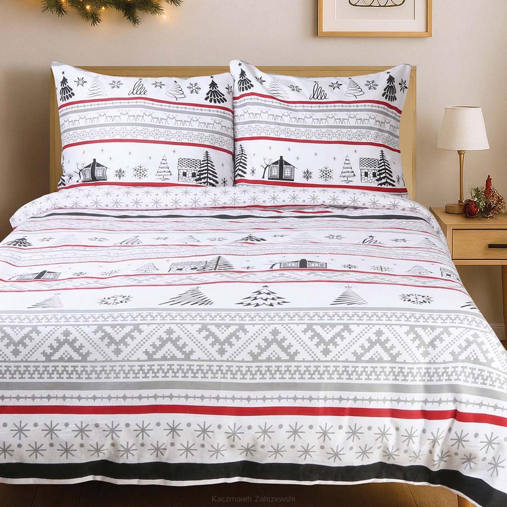 Pościel flanelowa FLANELOVE 160x200 świąteczny wzór chatki i choinek na białym tle