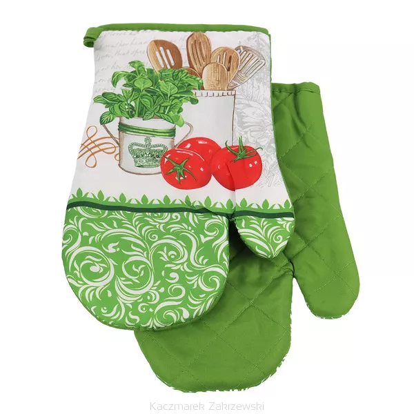 Rękawice kuchenne 18x27 z magnesem 2 szt. białe zielone bazylia pomidory