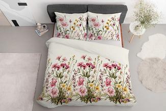 Pościel satynowa 220x200 Detexpol kremowa różowa kwiatowa łąka