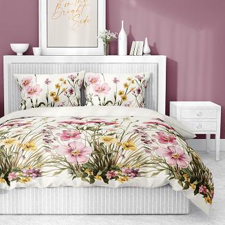 Pościel satynowa 220x200 Detexpol kremowa różowa kwiatowa łąka