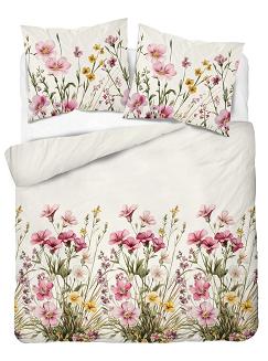 Pościel satynowa 220x200 Detexpol kremowa różowa kwiatowa łąka