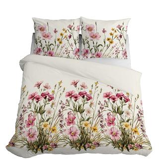 Pościel satynowa 220x200 Detexpol kremowa różowa kwiatowa łąka