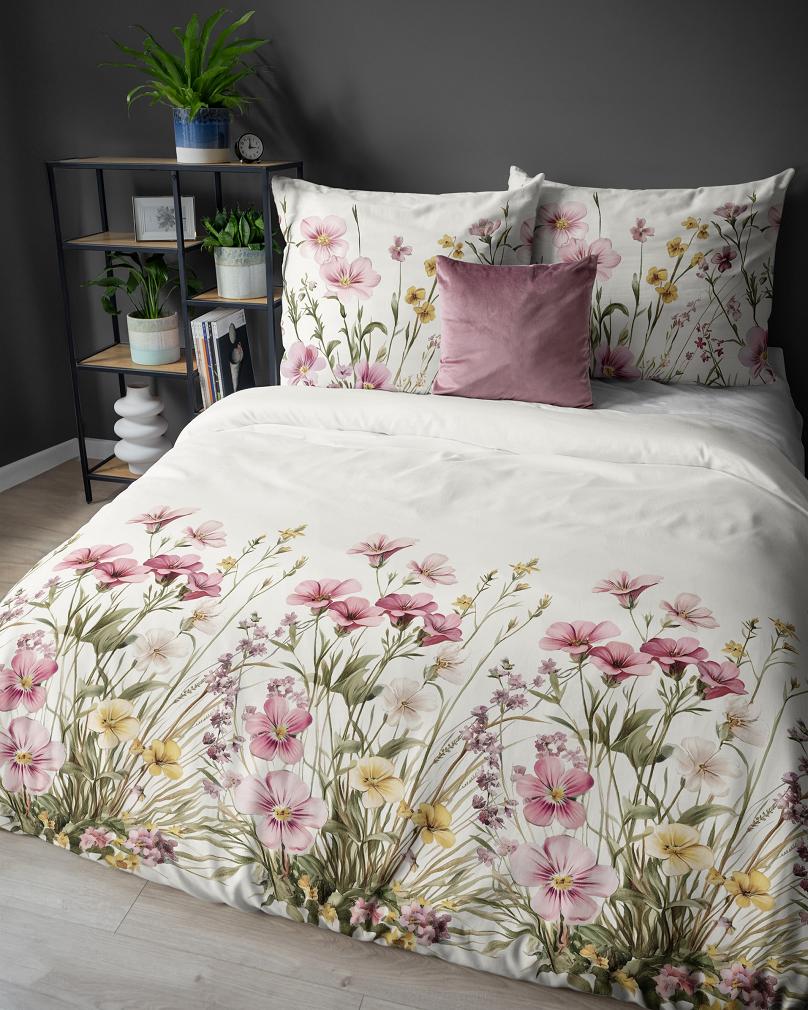 Pościel satynowa 220x200 Detexpol kremowa różowa kwiatowa łąka