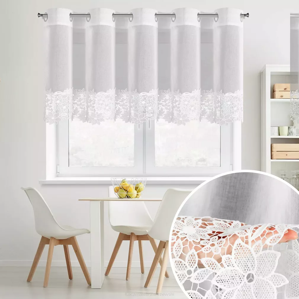 Firana gotowa na przelotkach ARTEMIDA 200x70 Eurofirany biała z etaminy kwiatowa aplikacja na dole