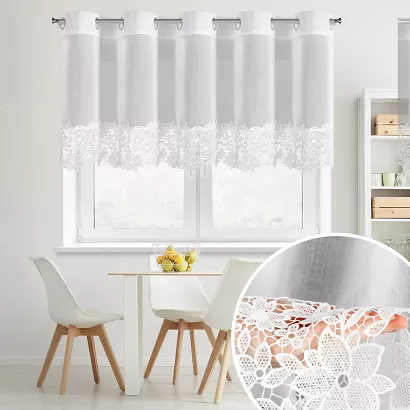 Firana gotowa na przelotkach ARTEMIDA 200x70 Eurofirany biała z etaminy kwiatowa aplikacja na dole