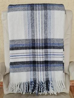 Koc wełniany z frędzlami 160x200 kratka kremowy szary granatowy