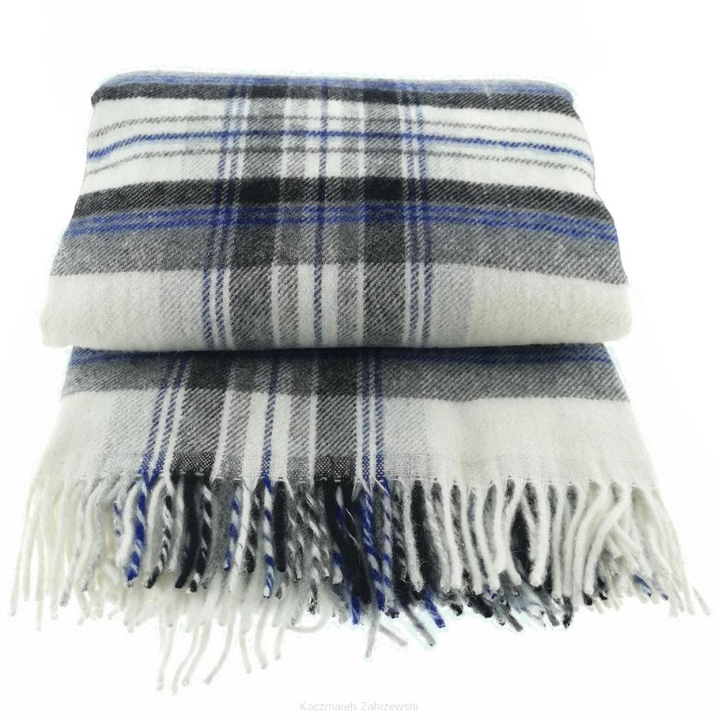 Koc wełniany z frędzlami 160x200 kratka kremowy szary granatowy